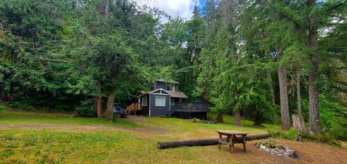 Riverfront cottage with stairs to the river, firepit, and forested retreat.