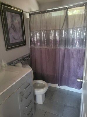 Een haardroger, handdoeken, zeep, shampoo