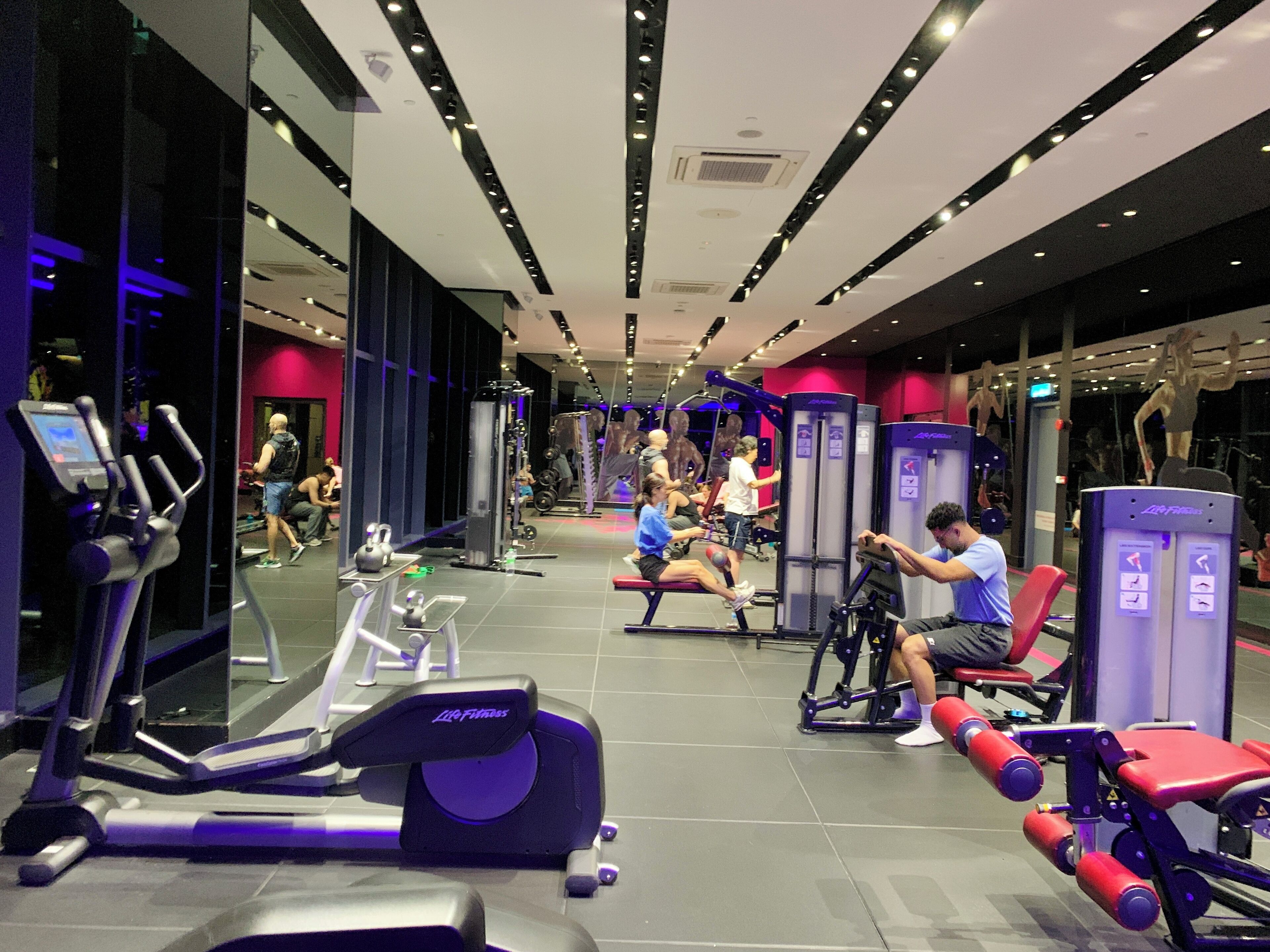 A gym with various exercise equipment, including treadmills and weight machines.