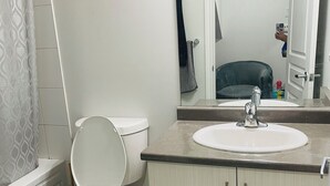 Ein Badezimmer mit Toilette, Waschbecken, Spiegel und Duschvorhang.