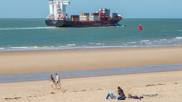 A beach with a large cargo ship in the water.