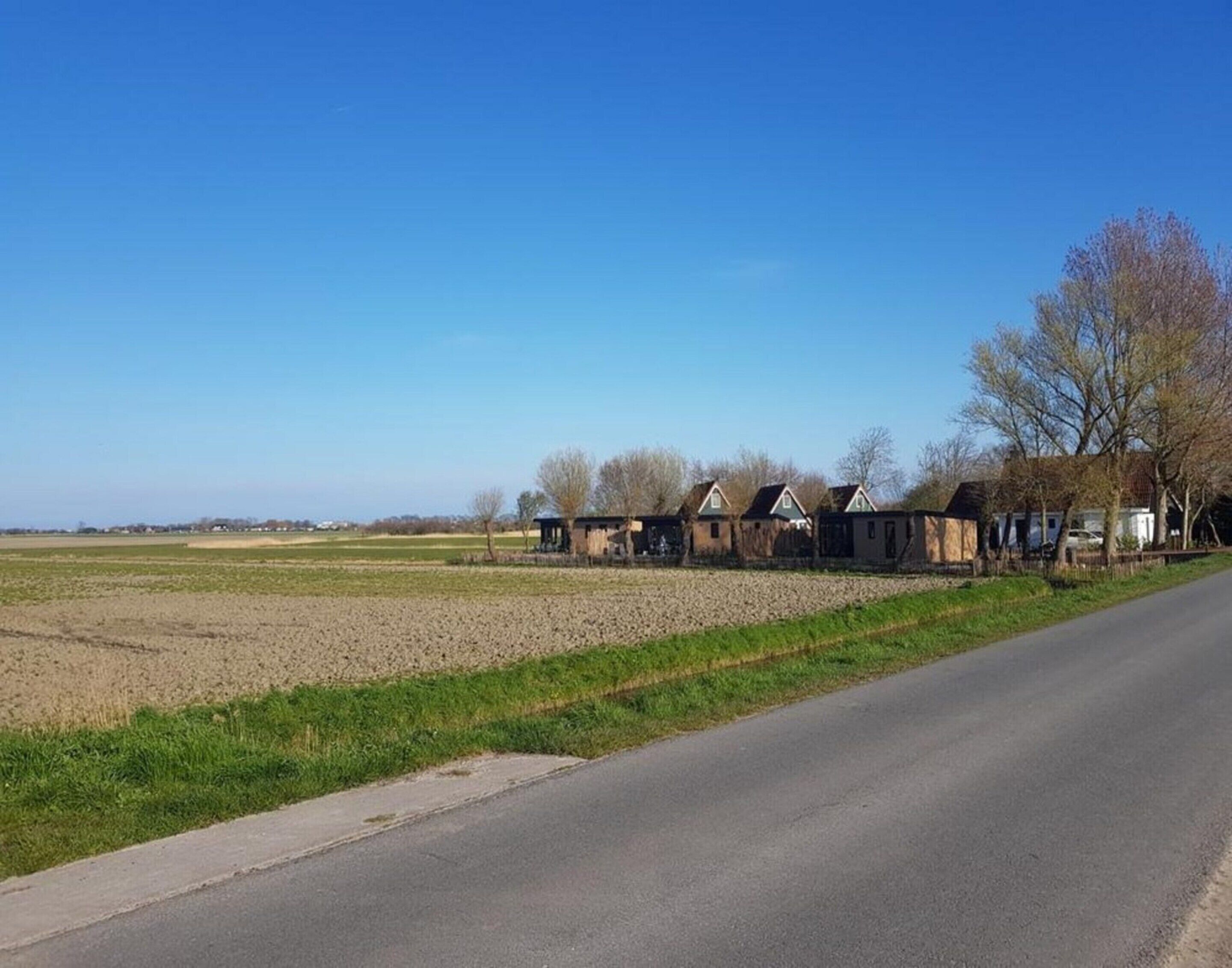 A rural road with houses on one side and open fields on the other.