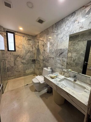 Chambre avec lits jumeaux | Salle de bain | Articles de toilette (gratuits), séchoir à cheveux, peignoirs