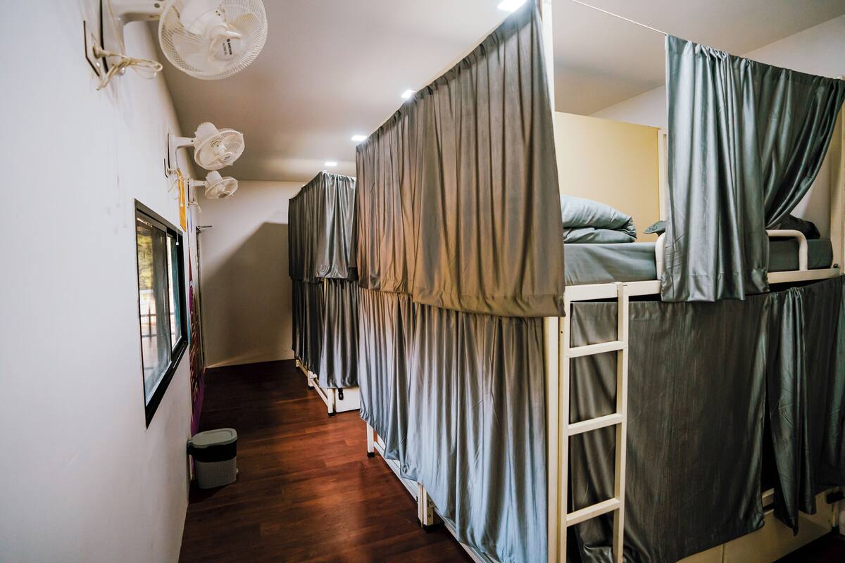 A room with bunk beds, a ladder, and a window.