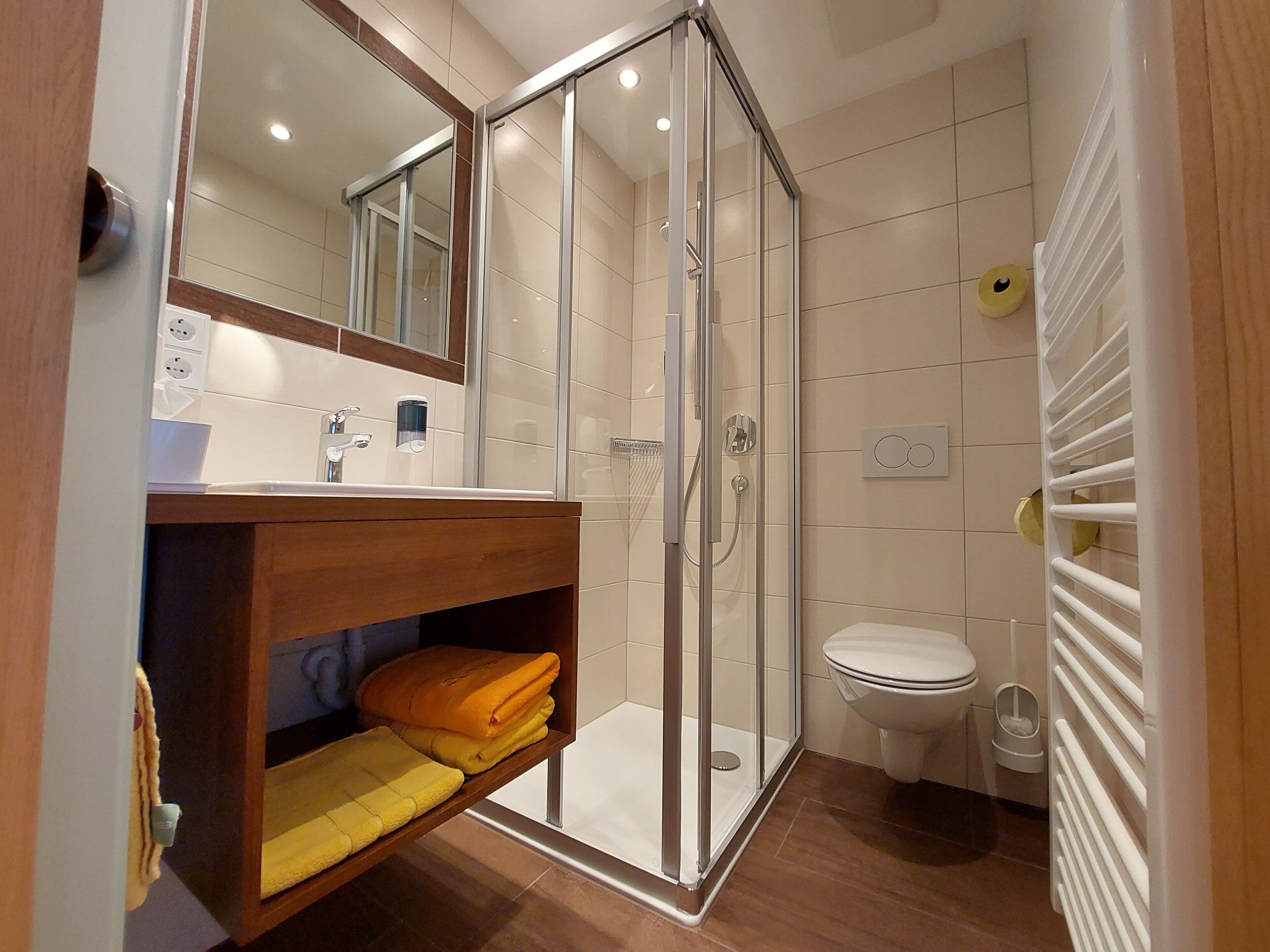 A modern bathroom with a glass-enclosed shower, a wooden vanity, and a toilet.
