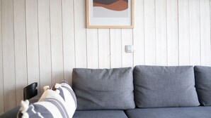 A grey sofa with striped pillows against a wooden wall with a framed abstract artwork. - [Vue Imprenable] Appartement Rénové Front de Mer (Arcachon)