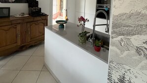 A modern kitchen with a white countertop, a wooden cabinet, a sink, and a painting on the wall. - Large house with ++ view, quiet, large garden, very close to lake and village (Menthon-Saint-Bernard)