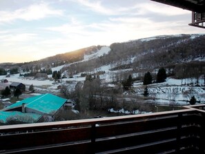 A view from a balcony overlooking a snowy landscape with a building featuring a green roof.