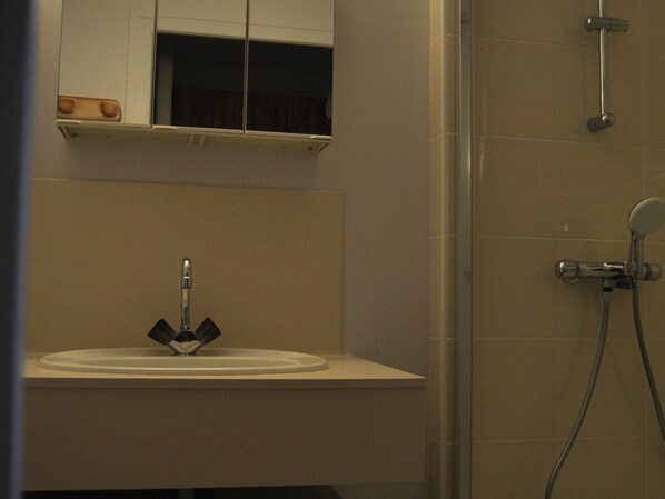 A bathroom with a sink, mirror, and shower.