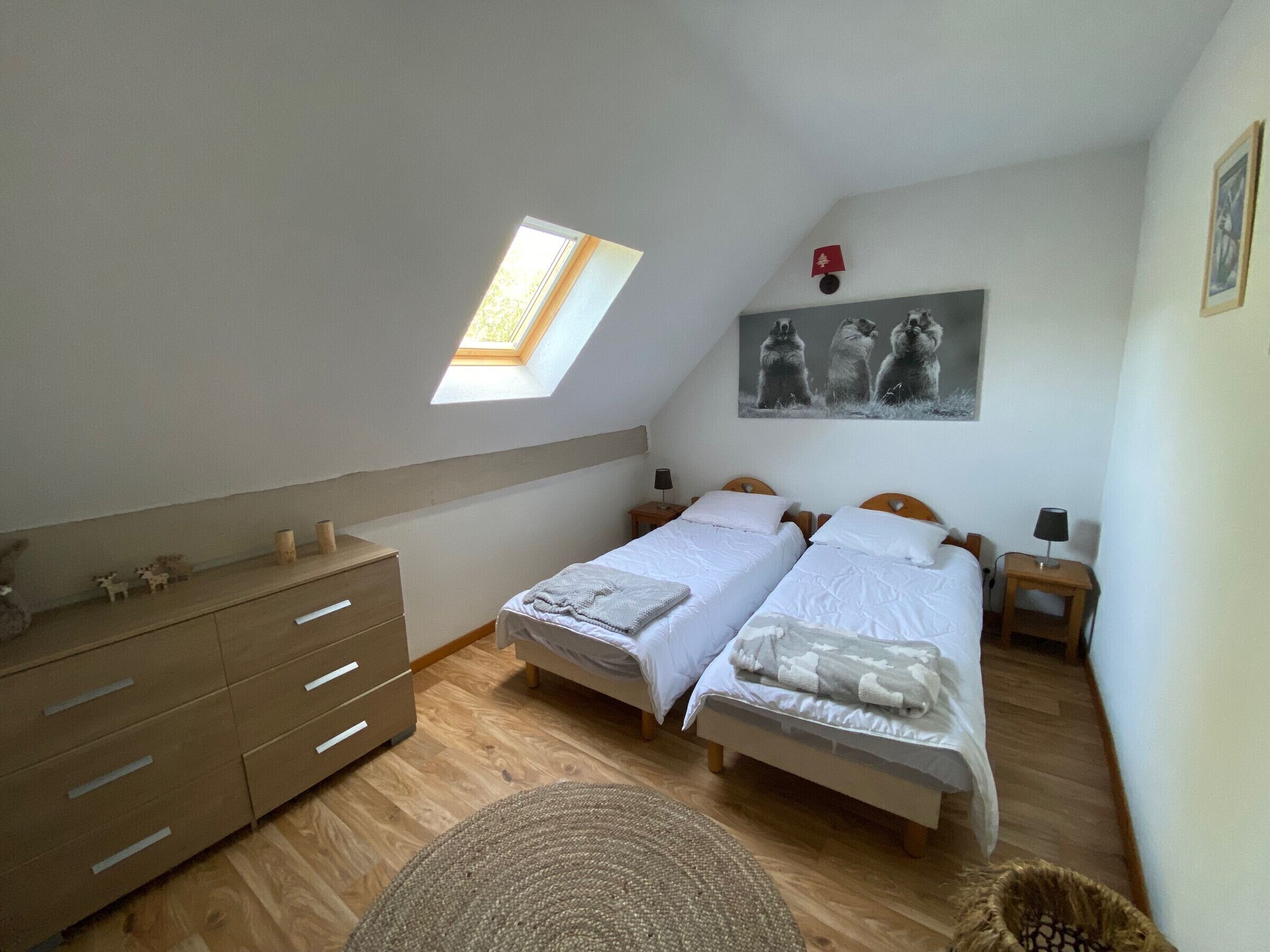 Quarto com duas camas, um claraboia, cómoda de madeira e um quadro na parede.