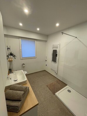 Regadera, toallas, jabón, papel de baño 