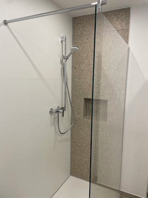 Shower, towels, soap, toilet paper