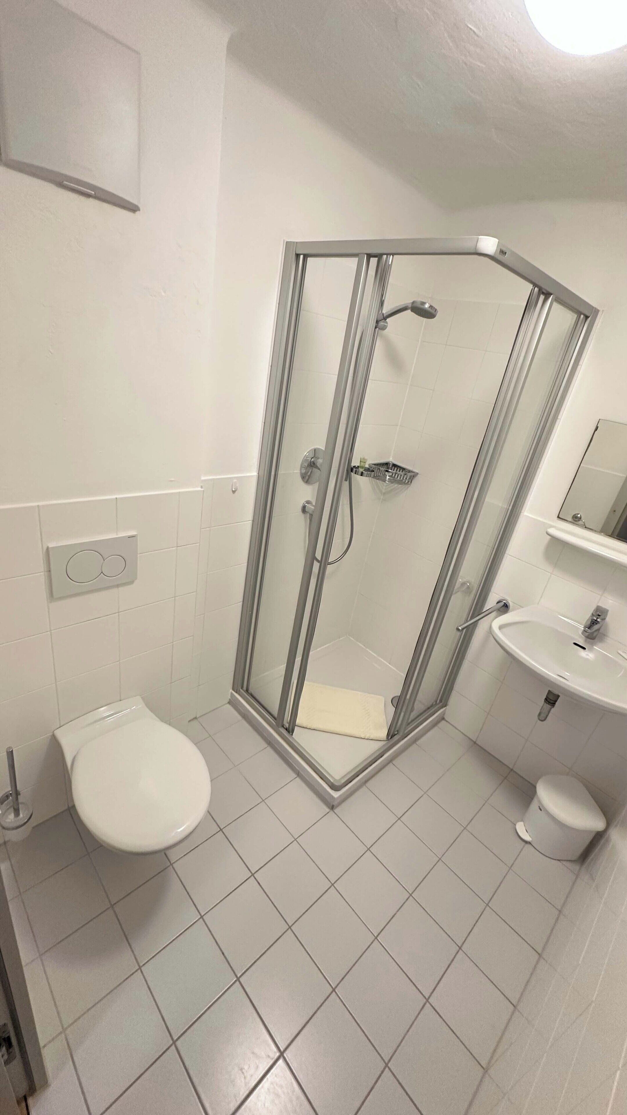 A bathroom with a glass-enclosed shower, a toilet, and a sink.