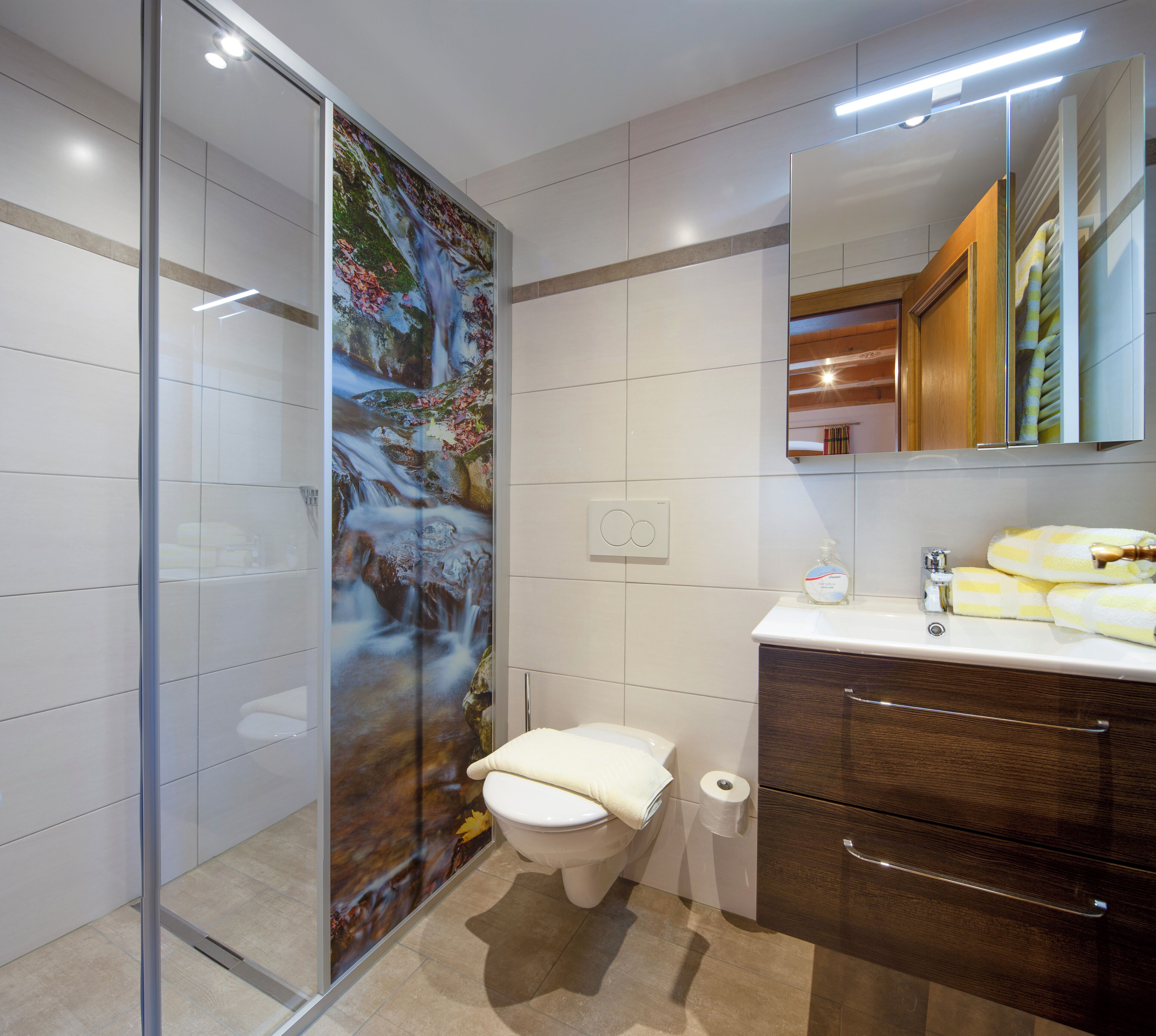 A modern bathroom with a glass shower enclosure, a toilet, a sink with a mirror, and a wooden cabinet.