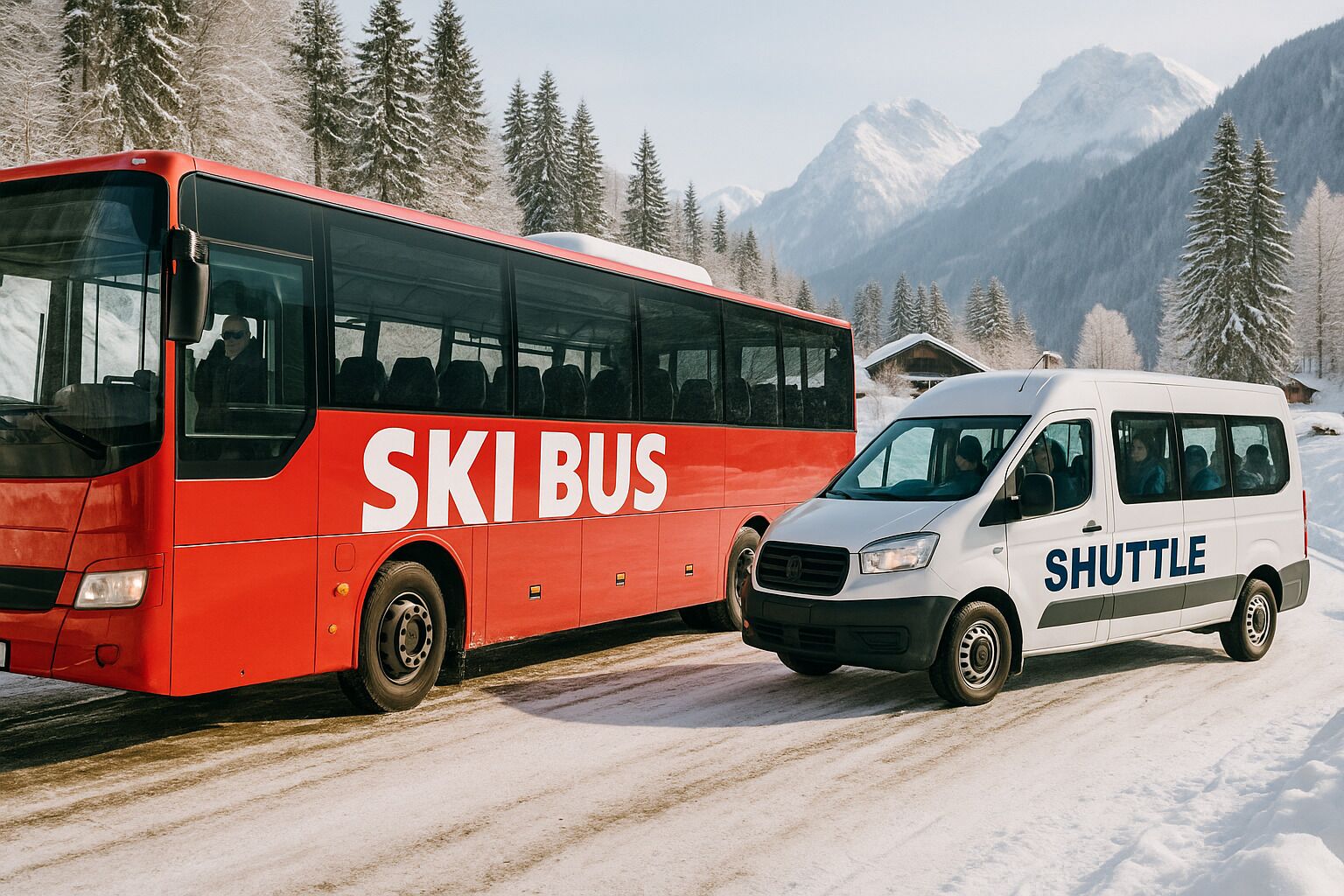 A red ski bus and a white shuttle bus parked on a snowy road with mountains in the background.