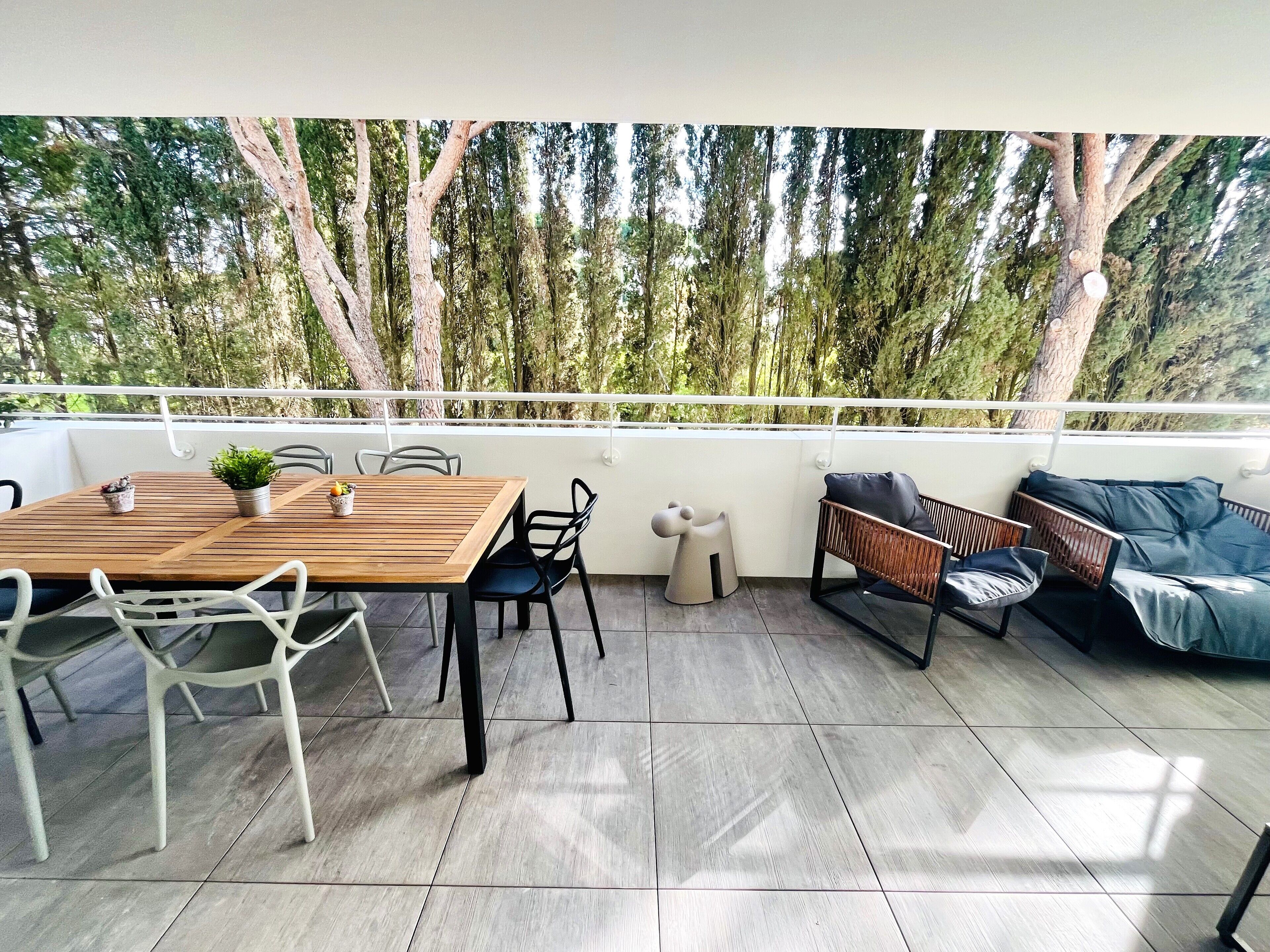 A patio with a wooden table, chairs, a small potted plant, and a sofa with cushions.