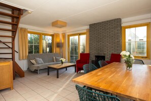 Smart TV, chimenea y libros 