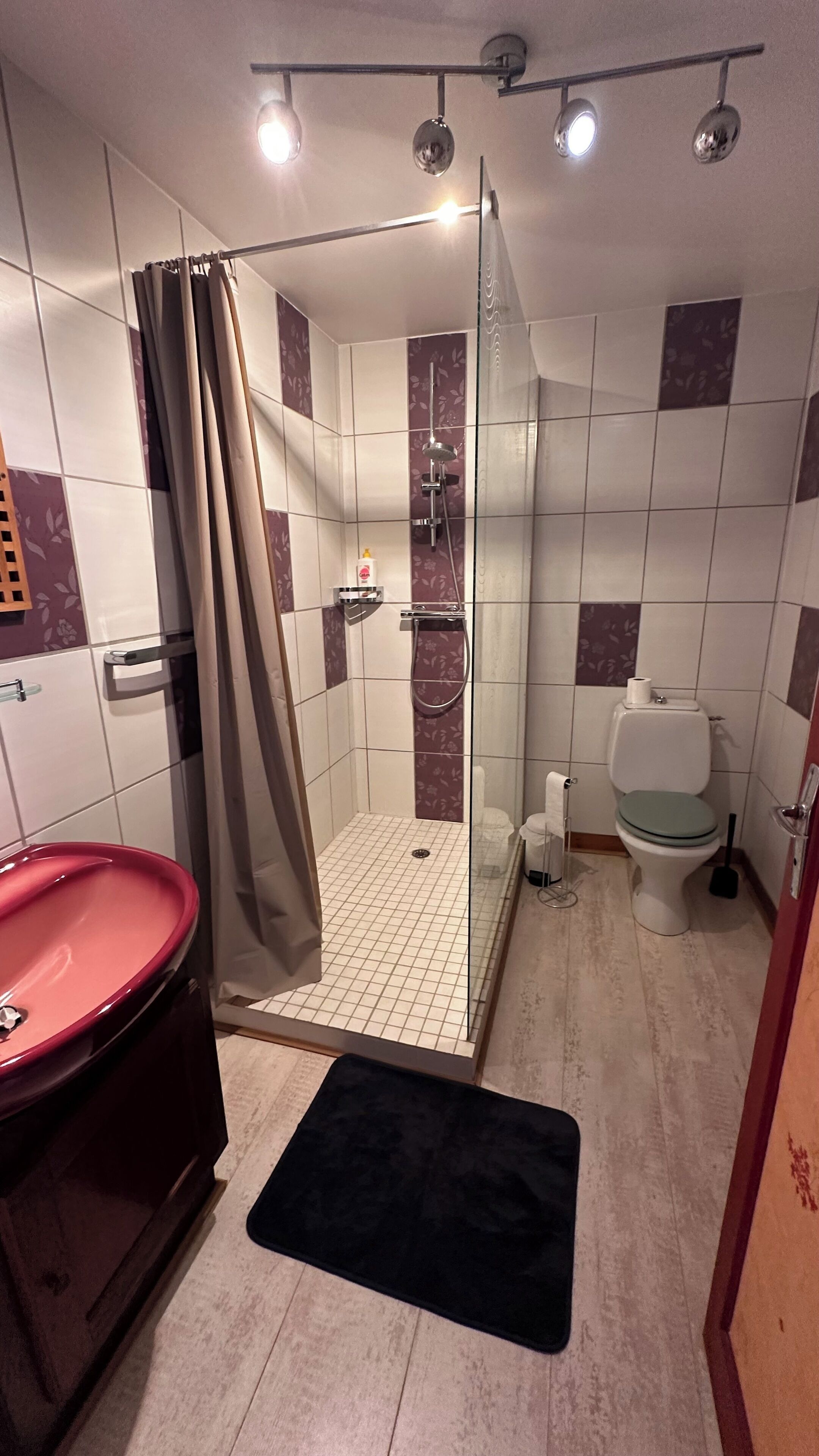 Un bagno con doccia vetro, lavandino rosso e WC.