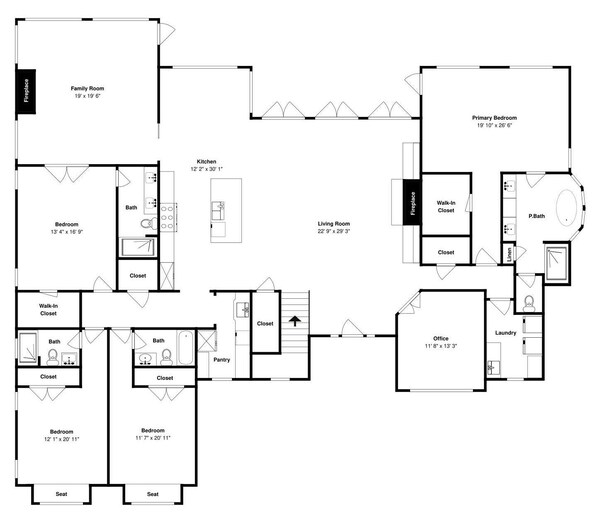 Plano de planta de una casa que incluye sala familiar, cocina, dos dormitorios, sala de estar, vestidor, baño, despensa, área de lavandería y oficina.