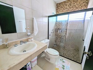 Hair dryer, towels, toilet paper