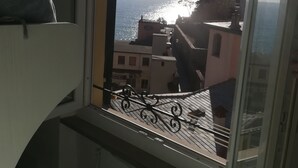 A balcony with a view of the sea, a chair, and a railing. - Charming sea view apartment for families, with sky tv (Riomaggiore)
