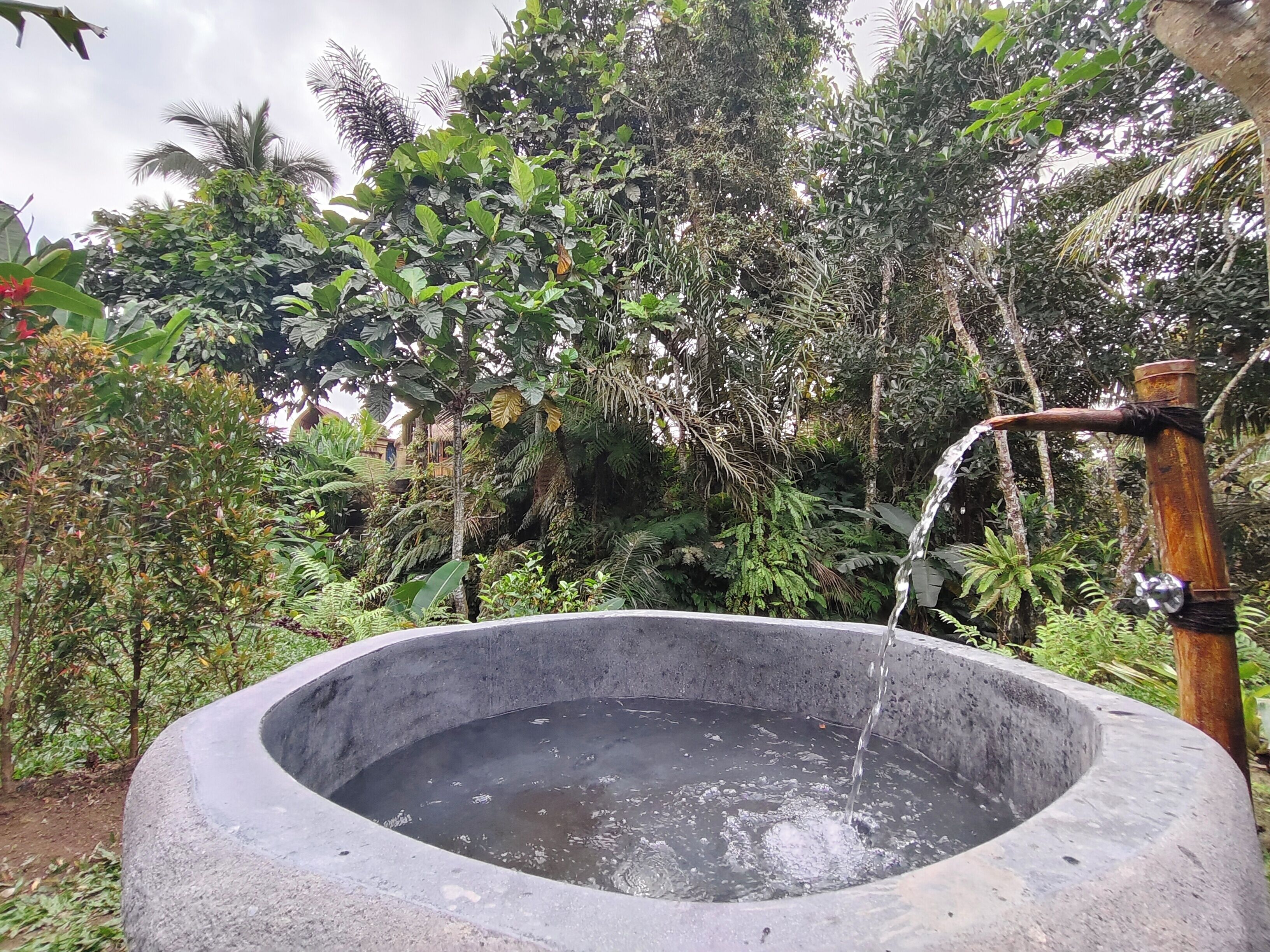 Una fuente de concreto con un caño de metal rústico en un jardín.