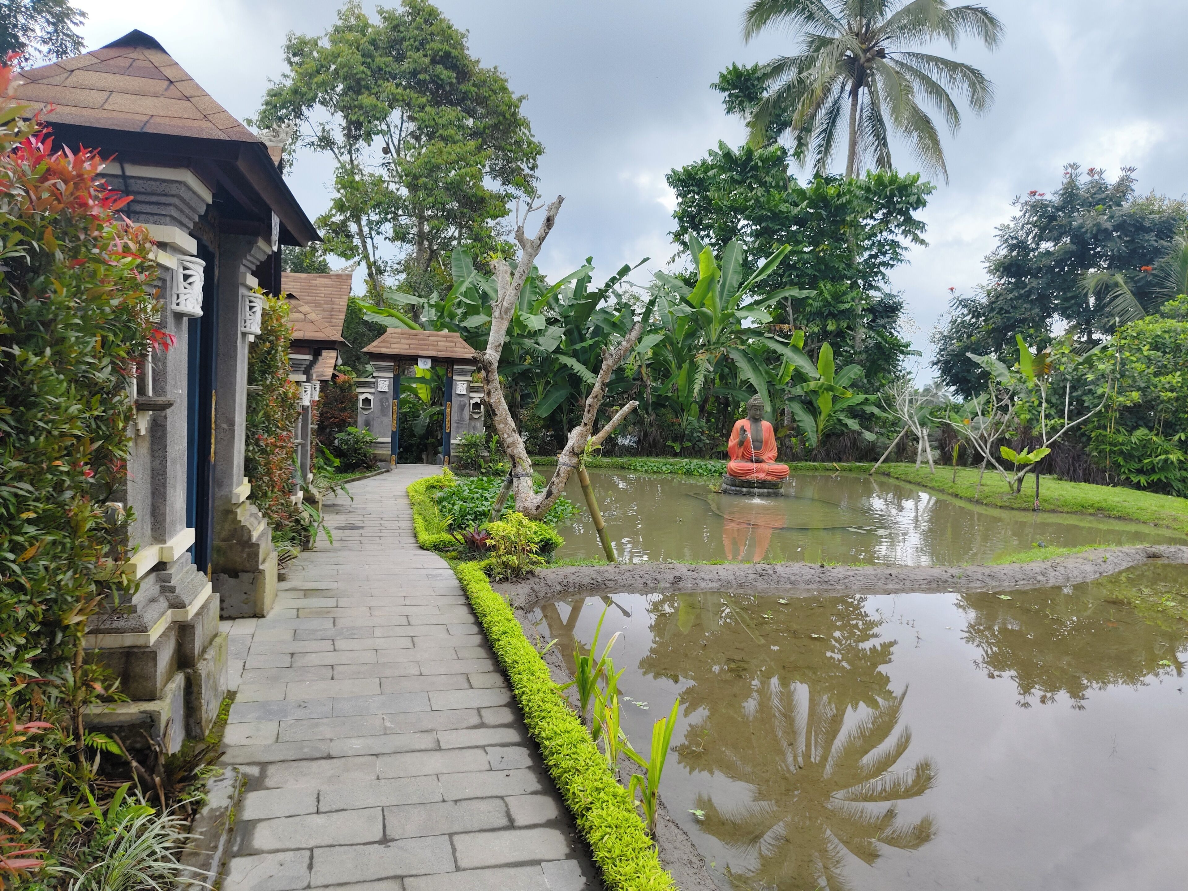 Un jardín sereno con una estatua de Buda en un estanque, rodeado de abundante follaje y un sendero de piedra.