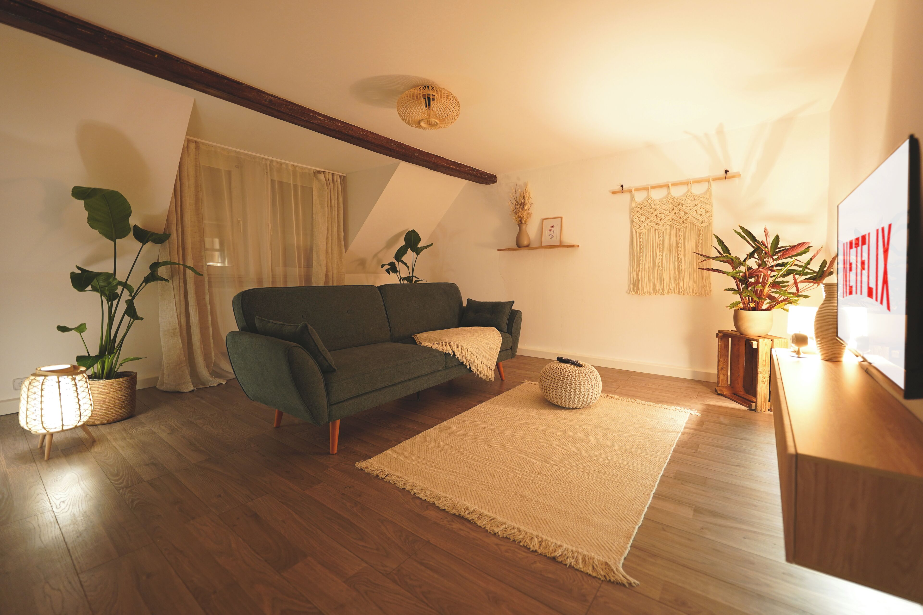 Een gezellige woonkamer met een groene bank, een houten salontafel en een groot geweven vloerkleed. Er staan planten in potten en een wandplank met decoratieve objecten.