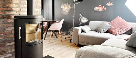 Smart TV, fireplace, books