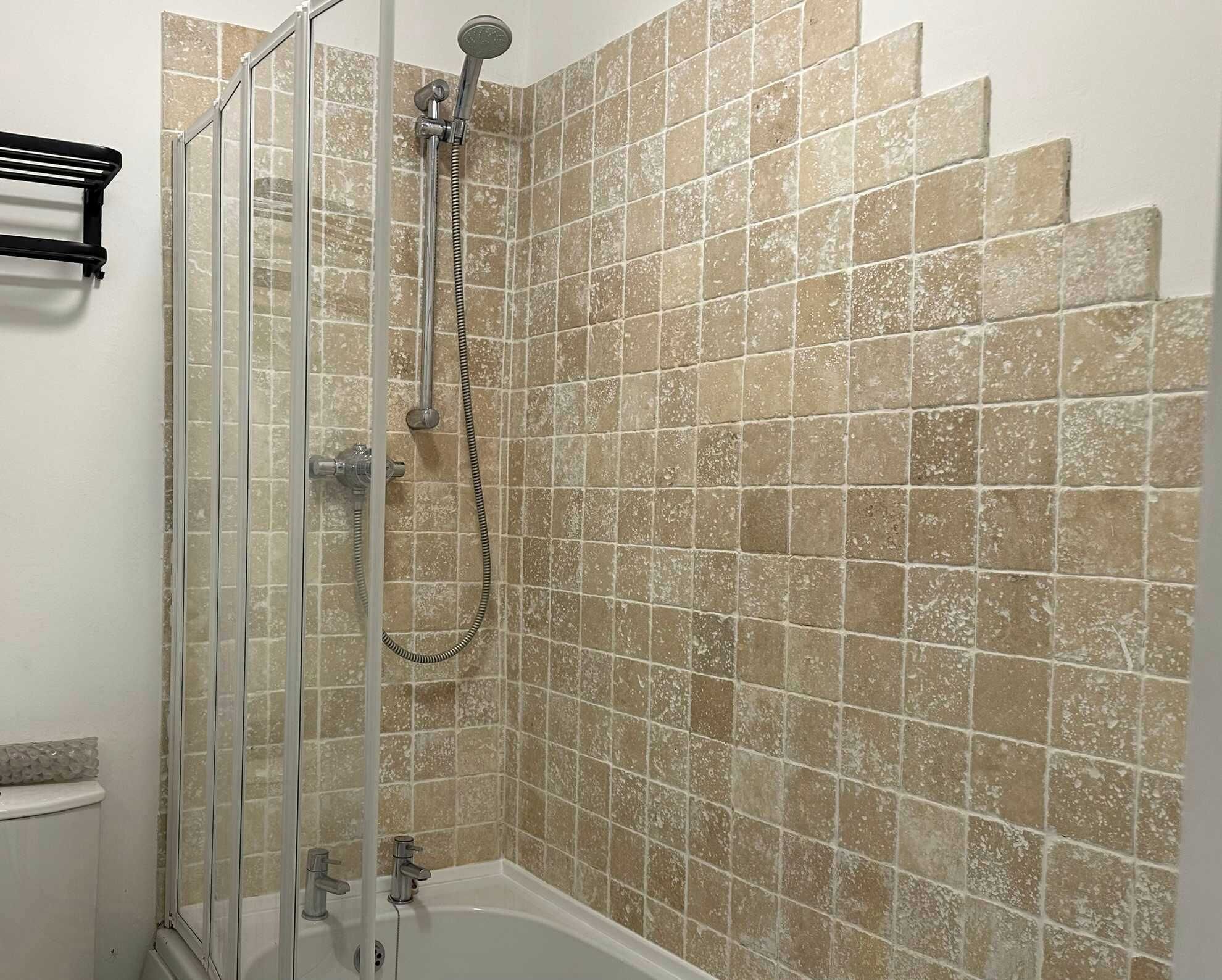 Shower, hair dryer, shampoo