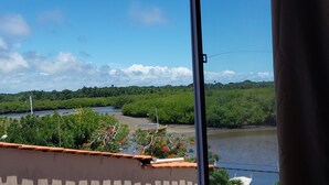 Vista desde una ventana con un río, rodeado de exuberante vegetación y un cielo despejado.