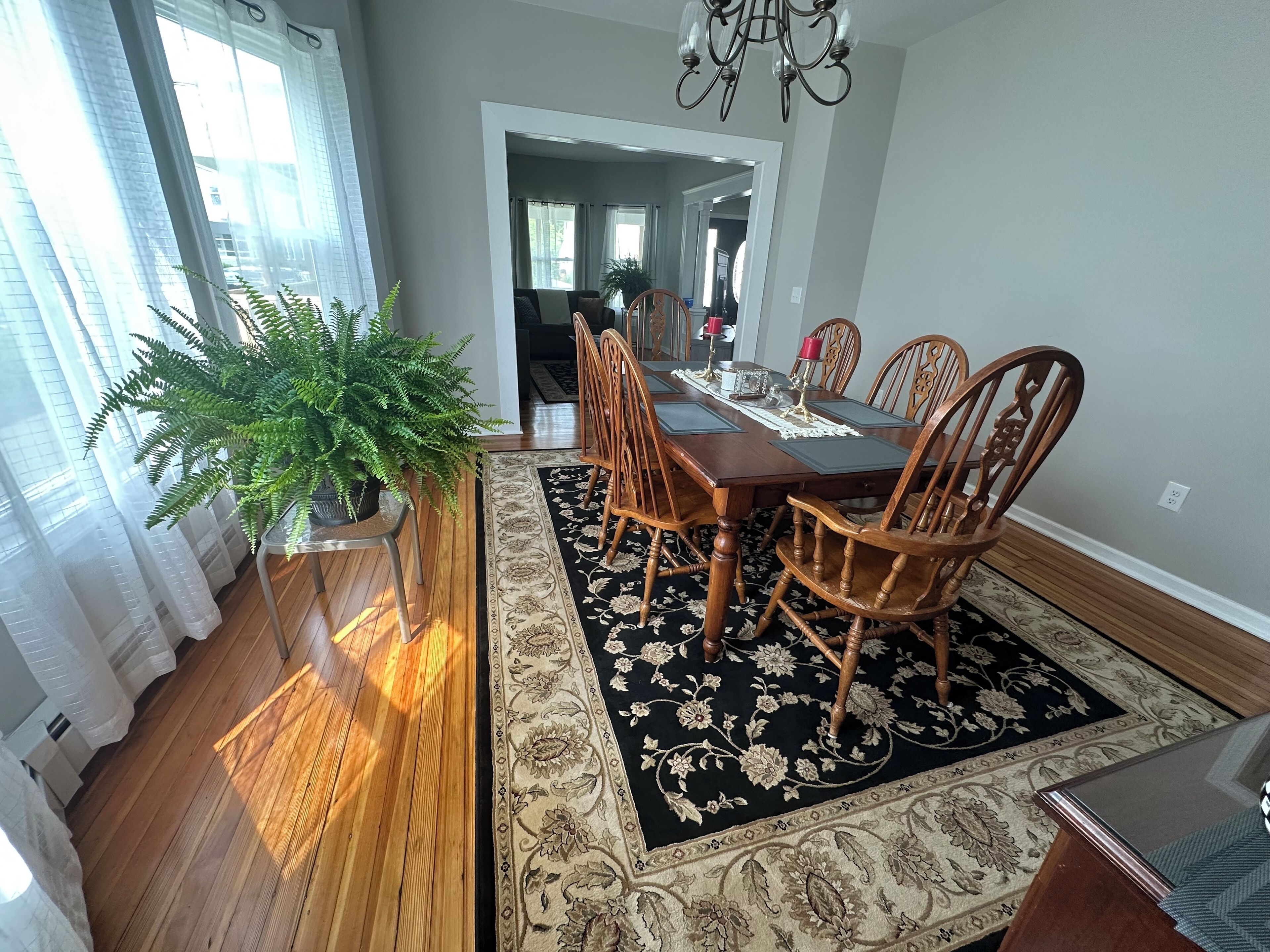 A dining area with a wooden table, six chairs, a black and beige patterned rug, and a potted plant.
