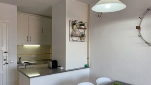 Een kleine keuken met witte kastjes, een aanrecht, een spoelbak, een broodrooster en een hangende plant.