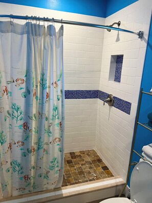 Hair dryer, towels, toilet paper