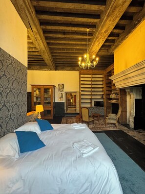 A bedroom with a large bed, a chandelier, a fireplace, and a bookshelf. - Auditoire Royal de Châtillon sur Seine (Châtillon-sur-Seine)