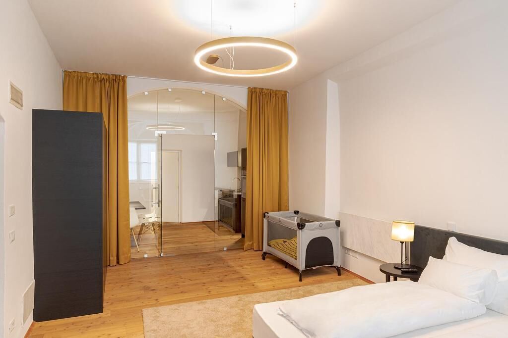 A hotel room with a bed, a desk, a chair, a pet bed, and a view of the hallway and kitchen.