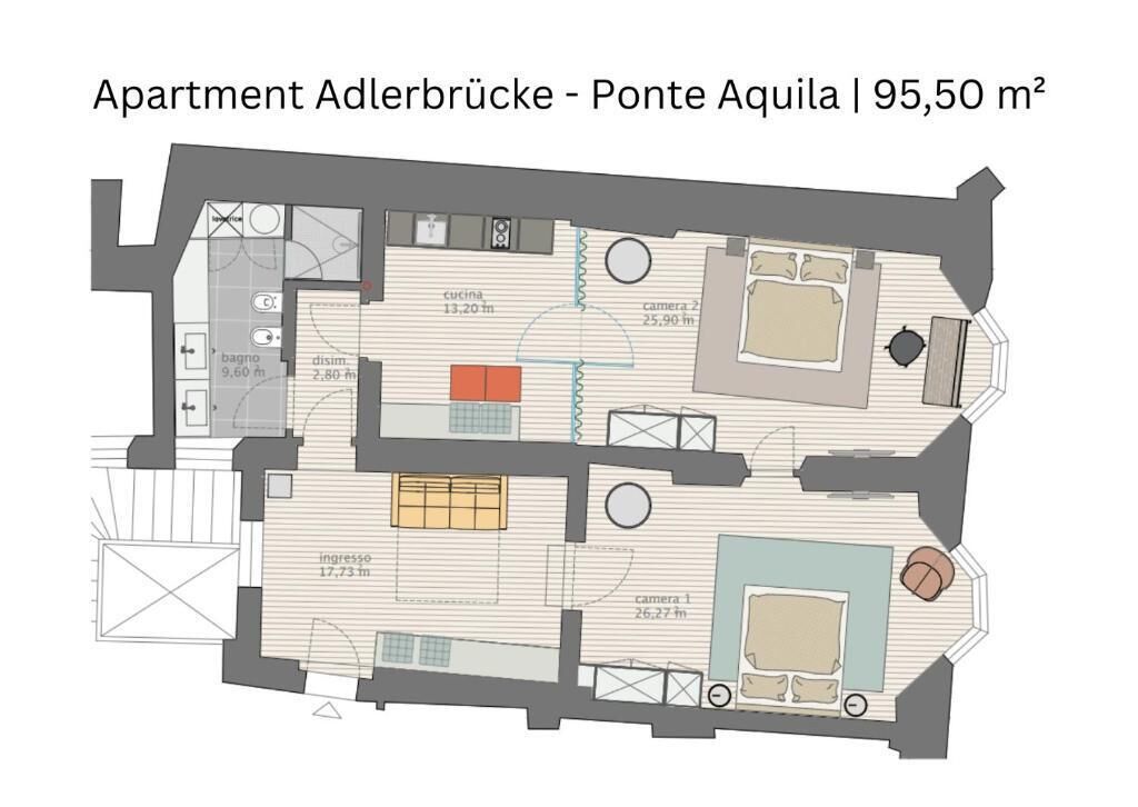 En planritning över en lägenhet på 95,50 m² med kök, två sovrum, ett badrum och en entré.