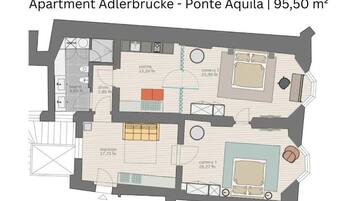 Plano de piso de un apartamento de 95,50 m² con cocina, dos dormitorios, un baño y una entrada.