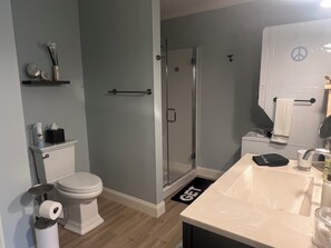 Een haardroger, handdoeken, zeep, toiletpapier