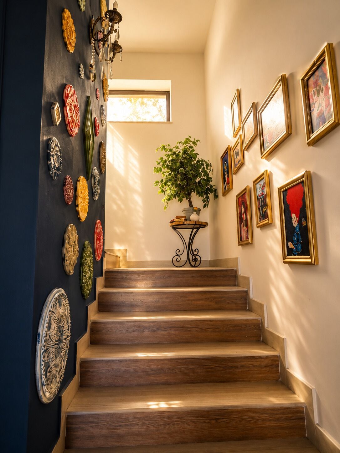 A staircase with a potted plant, surrounded by framed artworks.