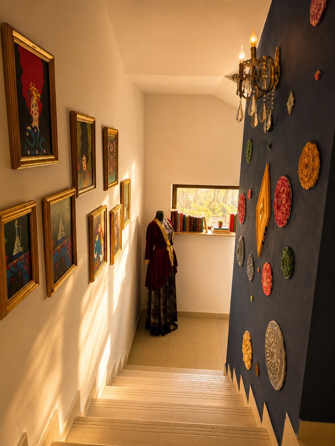 Un escalier mène à une pièce où se trouve un mannequin portant une robe, des œuvres d’art encadrées ornent les murs et des assiettes décoratives sont disposées sur un panneau noir.