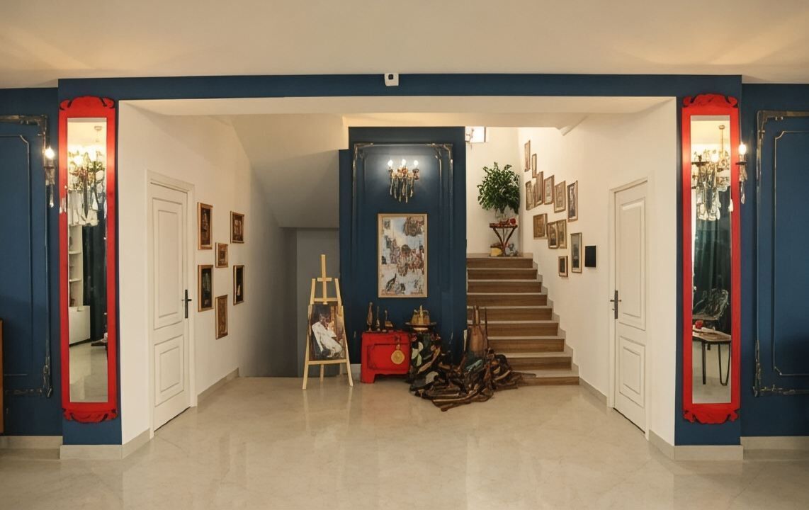 A hallway with a staircase, framed artwork, and a red cabinet.
