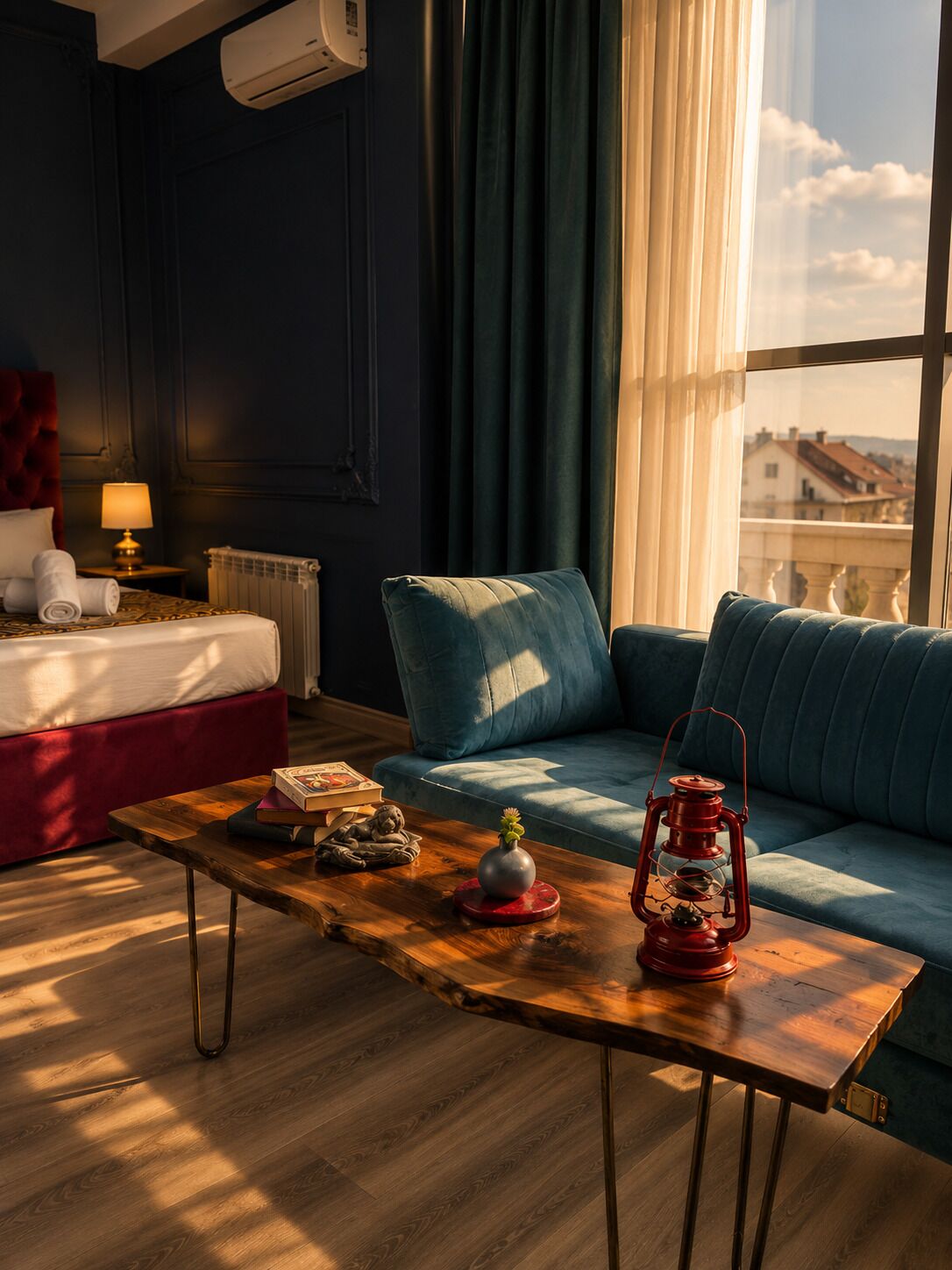 Une pièce comprenant un lit, un canapé, une table agrémentée d’objets décoratifs et une fenêtre donnant sur des immeubles.