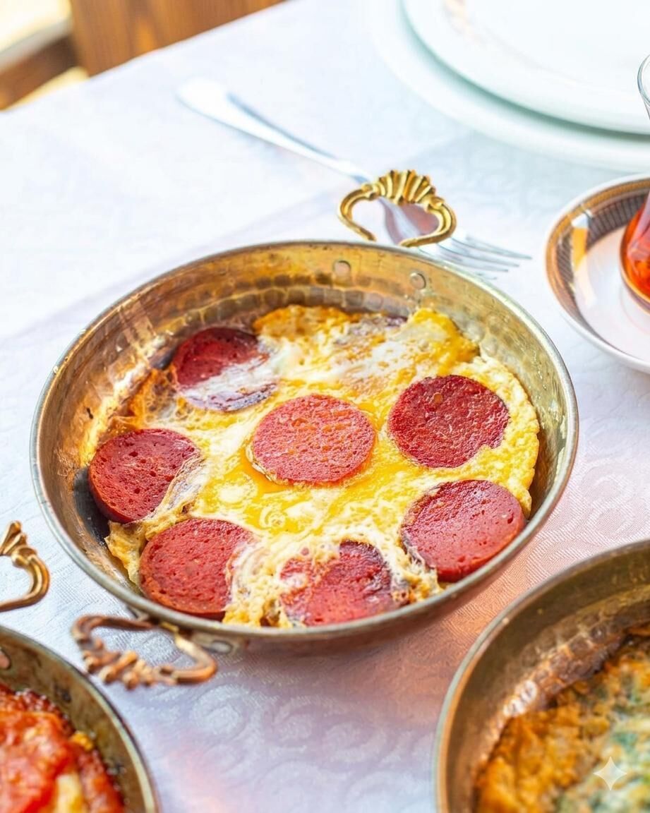 Un piatto con uova e pepperoni in una padella di ottone.