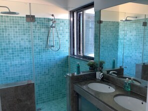 Shower, hair dryer, bidet, towels