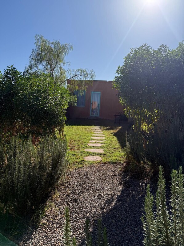 A pathway leading to a building with a blue door, surrounded by greenery and a clear sky. - Family Village Marrakech (Tameslouht)