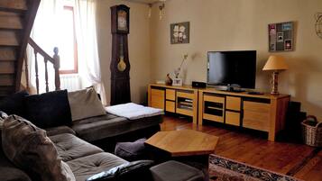 Télévision, cheminée, lecteur de DVD, table de tennis de table