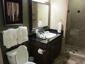 Shower, hair dryer, towels, soap