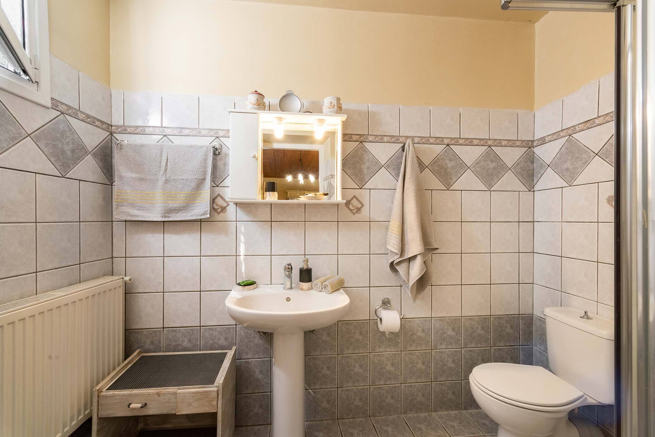 Een badkamer met een wit wastafelmeubel, toilet en douchehoek.