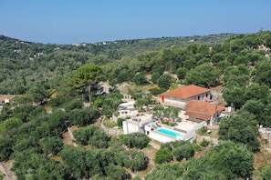 Una villa con piscina, rodeada de abundante vegetación y colinas.